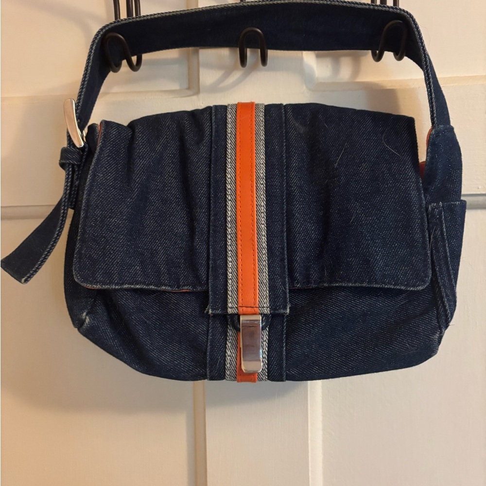 Y2K Denim Shoulder Bag with Orange Accent